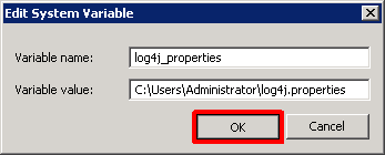 Add log4j_properties system environment variable. The value must be the path where you put log4j.properties. C:\Users\Administrator\log4j.properties, in this case.