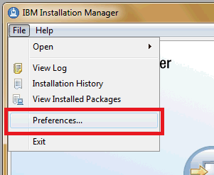 This screenshot highlights the "Preferences" option under the Installation manager File menu.