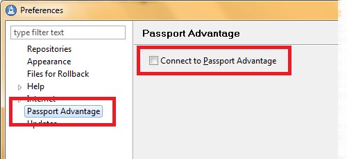 This is a screenshot showing the Passport Advantage section of the Preferences window.  The navigation bar is highlighted on the left, and the checkbox option is highlighted on the right.
