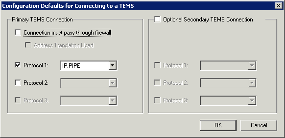 Configuration Defaults for Connecting to a TEMS window
