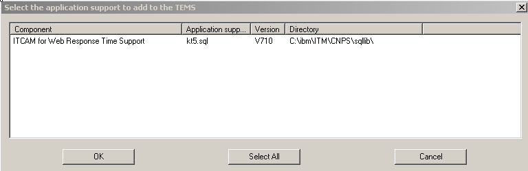 Select the application support to add to the TEMS window
