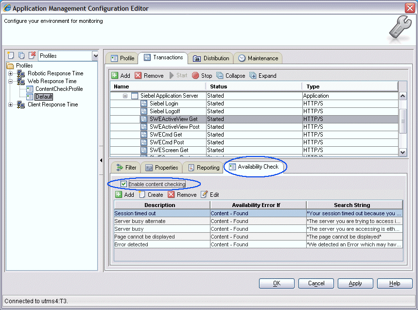 An example of the Profile user interface for configuring content checking for a selected transaction.