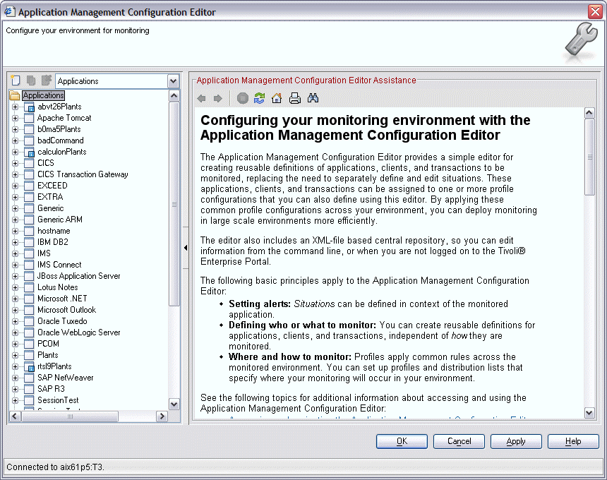 The default view of the Application Management Configuration Editor, showing the initial welcome screen and the Applications view.