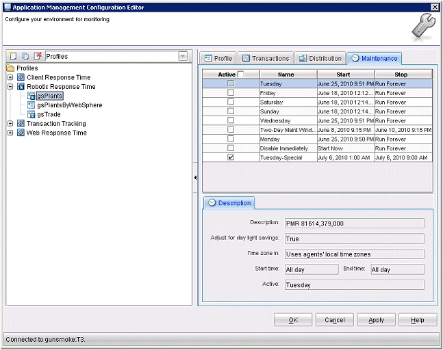 Example of selecting the maintenance window in the AMC Editor