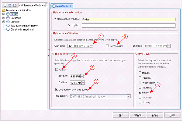 Example of configuring the maintenance window in the AMC Editor