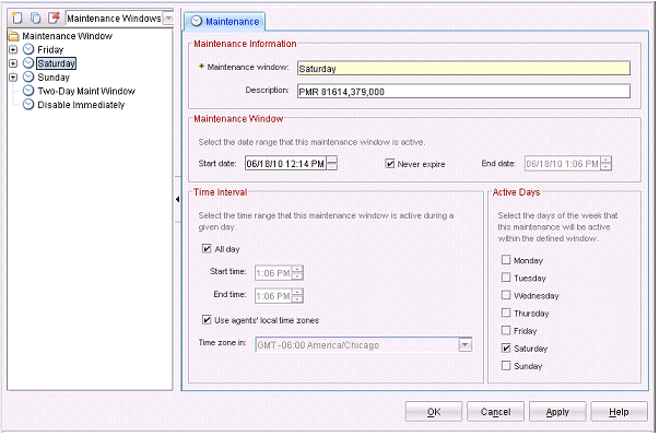 Example of configuring the maintenance window in the AMC Editor