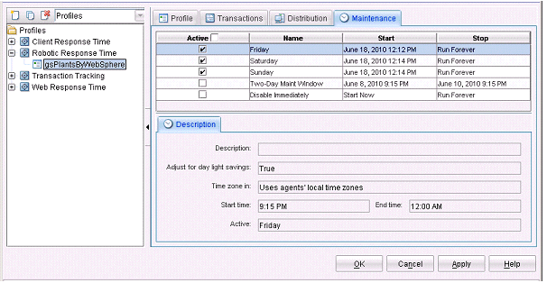 Example of selecting the maintenance windows in the AMC Editor