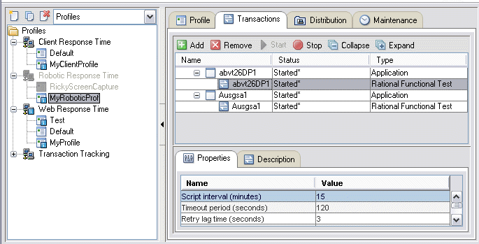 Example of the Transactions tab displayed in the AMC Editor for a selected profile.