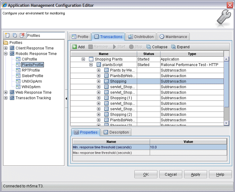 Example of the Profile Transaction Selection window, with a subtransaction selected, and the threshold properties available for configuration.