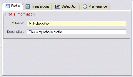 Example of the tabbed window displayed in the AMC Editor for a selected profile.