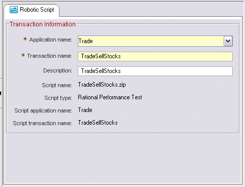 Example of the tabbed window displayed in the AMC Editor for a selected Robotic Response Time robotic script transaction.