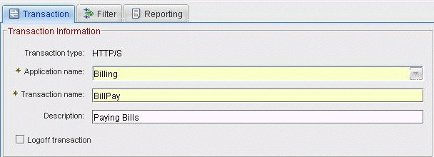Example of the tabbed window displayed in the AMC Editor for a selected Web Response Time transaction.