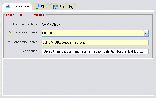 Example of the tabbed window displayed in the AMC Editor for a selected Transaction Tracking transaction.