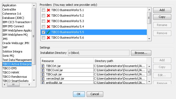 TIBCO Business Works 5.5 is selected and the jar files are displayed.