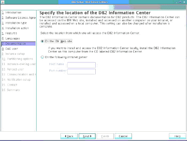 A view of the Specify the location of the DB2 Information Center Panel.