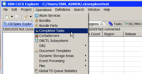 A screen capture of the CICS Explorer menu bar showing the Operations menu selected, and the Operations sub-menu displayed.