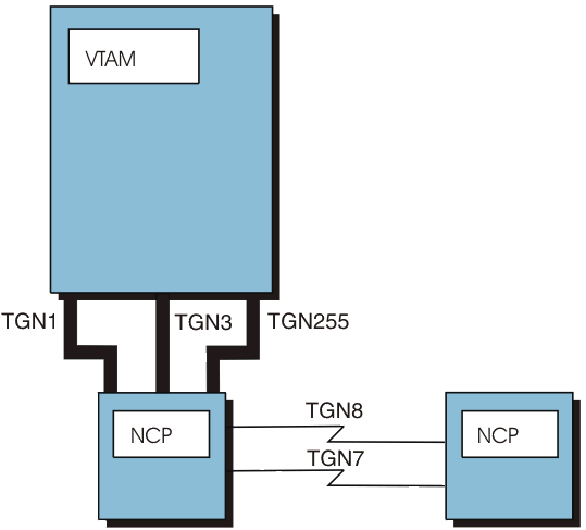 Diagram that illustrates a possible configuration of parallel transmission groups between a VTAM and two NCPs.