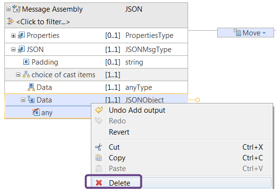 Figure that shows context menu to delete the extra Data element in a JSON message.