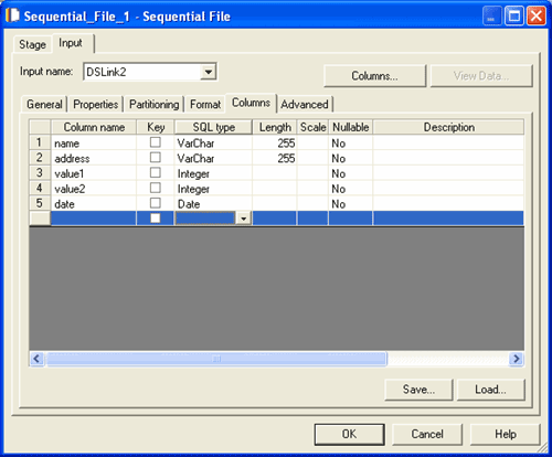 Shows the column definitions in a parallel stage editor