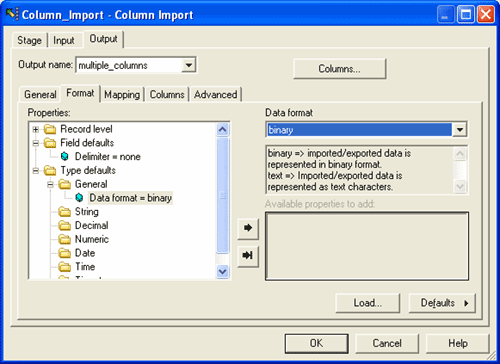 Shows the Format tab settings for the Column Import stage in the example job