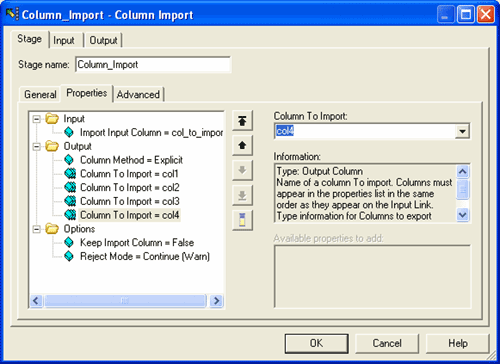 Shows the Properties tab settings for the Column Import stage in the example job