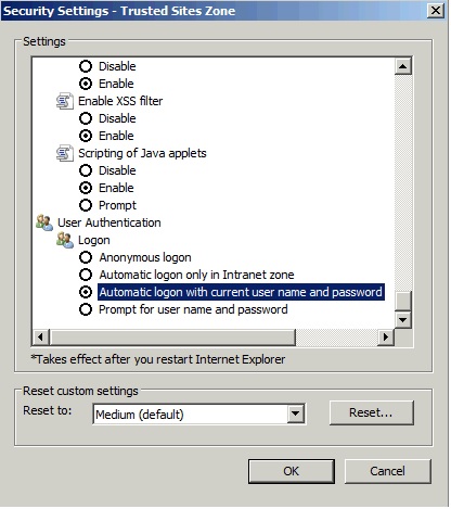 Image of Local Intranet security settings for Trusted Sites zone