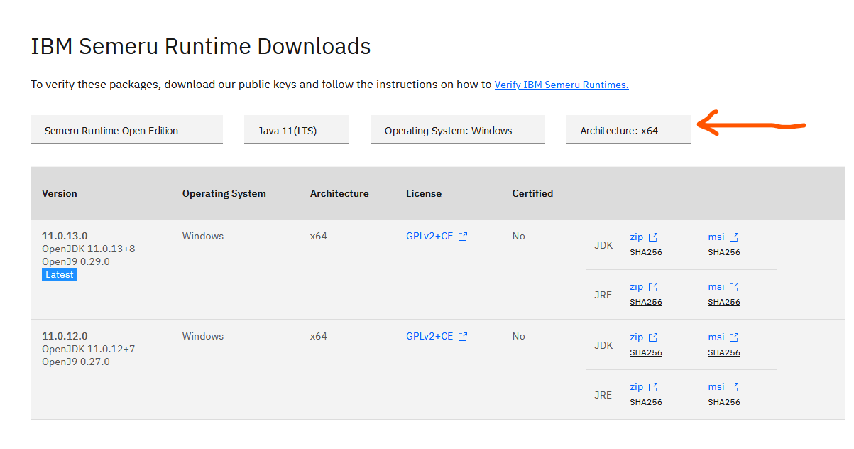 IBM Semeru Runtime Downloads showing the selected download options