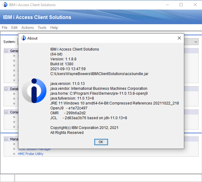 IBM i Access Client Solutions Help -> About showing it is now using the install IBM Semeru Java OpenJ9