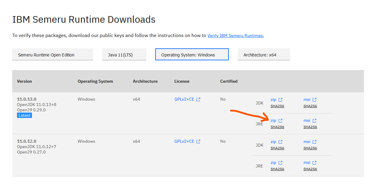 IBM Semeru Runtime Downloads showing to download the JRE zip file
