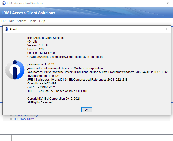 IBM i Access Client Solutions Help -> About showing that the java is being ran from within the IBM i ACS distribution