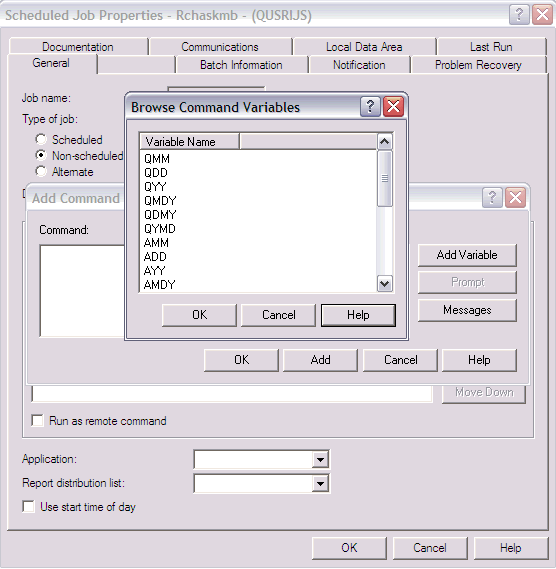 Add variable options screen in a scheduled jobs command section.