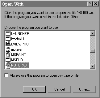 This print screen shows the Open With dialog box with "Notepad" selected.